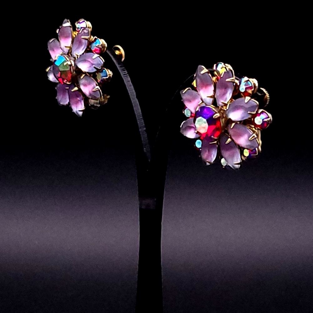 Vintage 1950s Coro Aurora Borealis Floral Clip-On Earrings Gold Tone Midcentury
